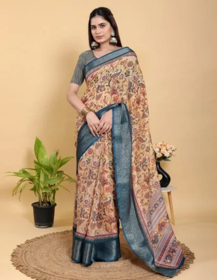 Artistic Mustard & Blue Floral Linen Cotton Saree With Blouse Piece