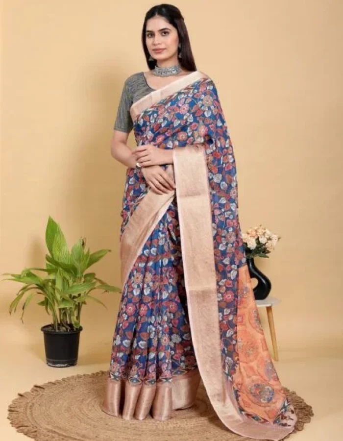 Artistic Navy & Copper Floral Linen Cotton With Blouse Piece