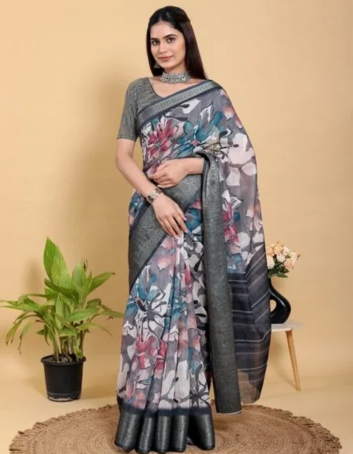 Abstract Grey & Black Floral Linen Cotton Saree With Blouse Piece