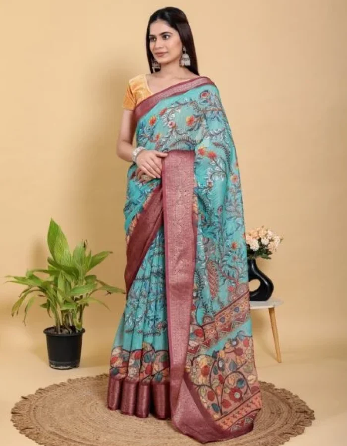 Aqua Teal Peacock Print Linen Cotton Saree With Blouse Piece
