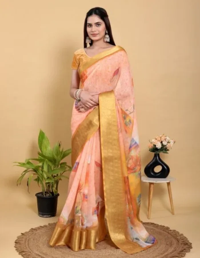 Abstract Peach & Gold Floral Linen Cotton Saree With Blouse Piece