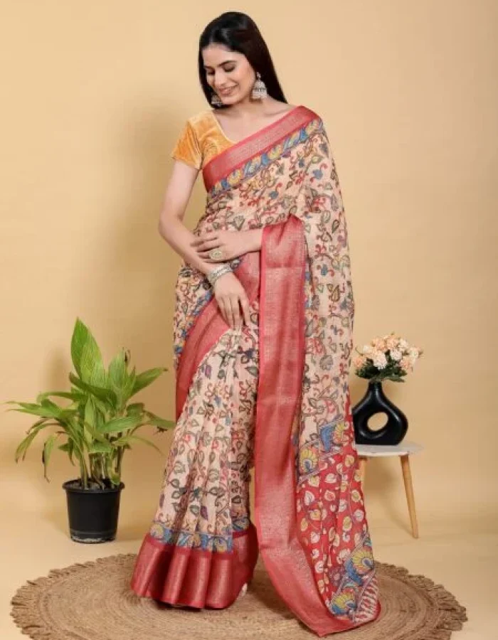 Artistic Kalamkari Print Linen Cotton Saree Zari Border With Blouse Piece