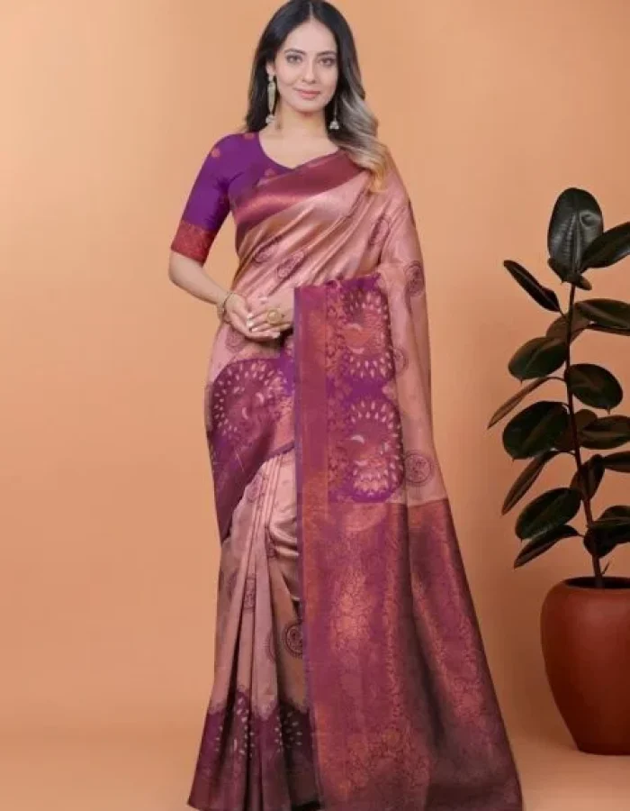 Avantini Lavender Gold with Plum Purple Borders With Unstitched Blouse Piece