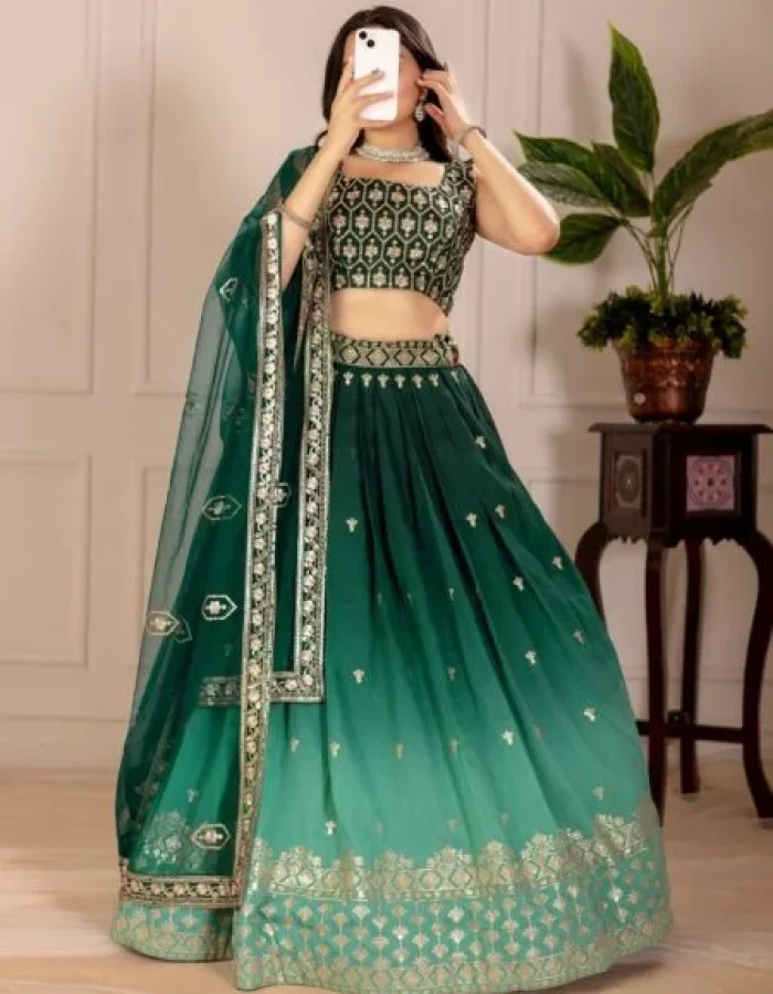 Malishka Export Womens Green Simmer Silk Embroidery Lehenga Choli Set