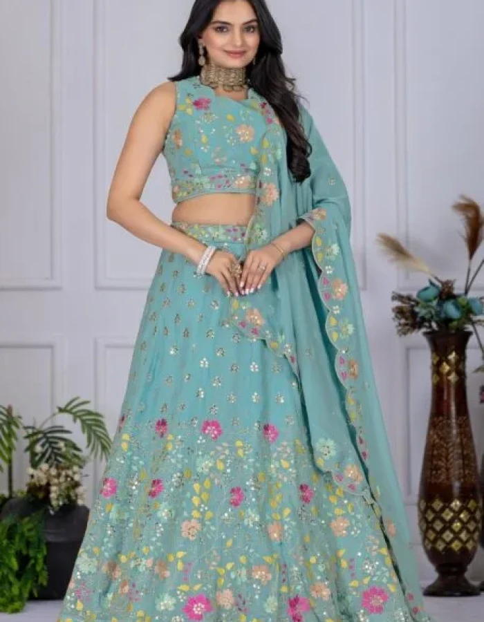 Malishka Export Womens Firozi Faux Georgette Embroidery Lehenga Choli Set