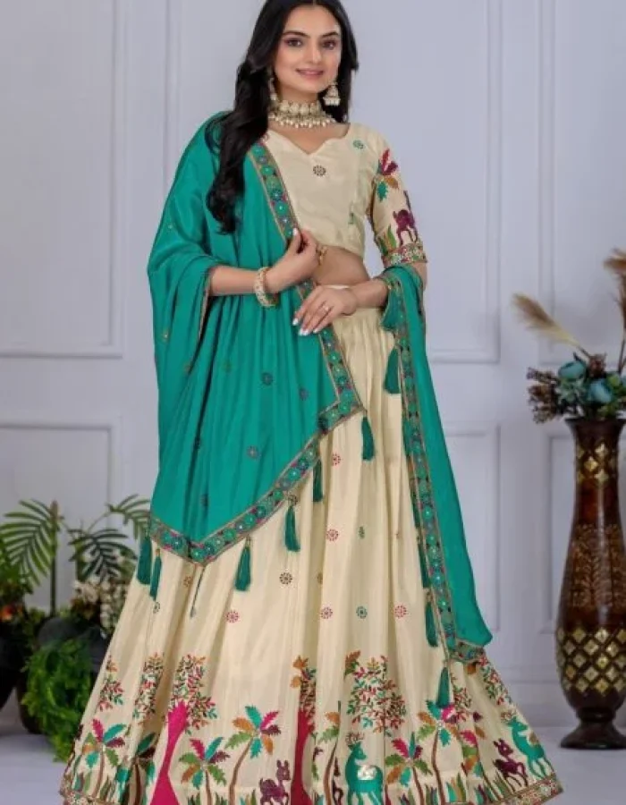 Malishka Export Womens Firozi Chinnon Silk Embroidery Lehenga Choli Set