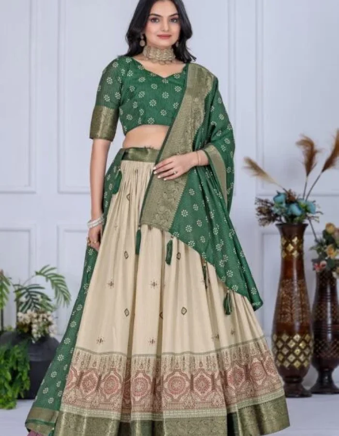 Malishka Export Womens Green Heavy Lichi Fabric WIth Jacquard Border Lehenga Choli Set