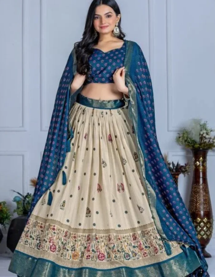 Malishka Export Womens Blue Heavy Lichi Fabric WIth Jacquard Border Lehenga Choli Set