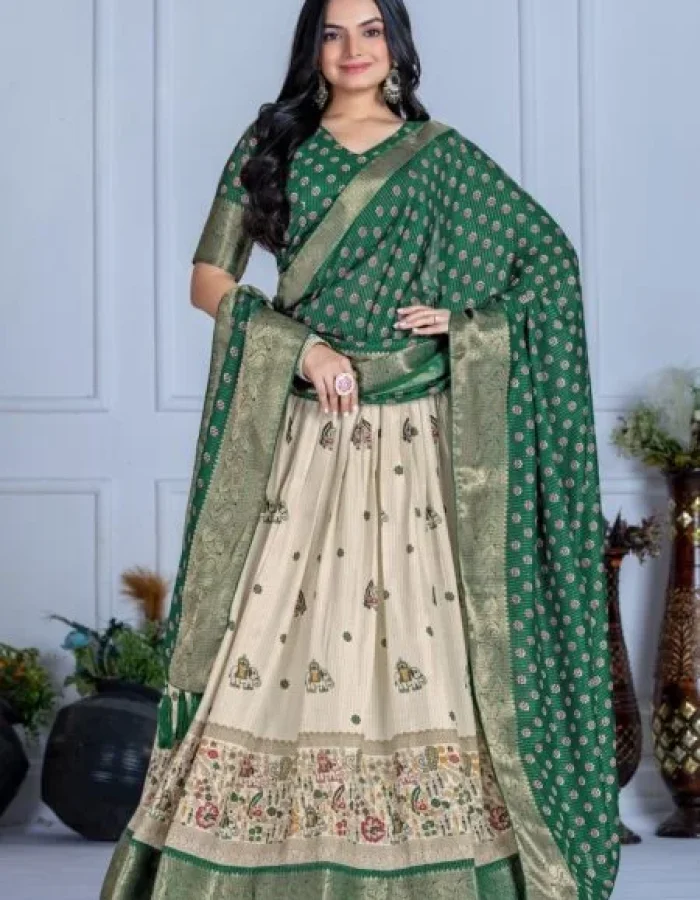 Malishka Export Womens Green Heavy Lichi Fabric WIth Jacquard Border Lehenga Choli Set