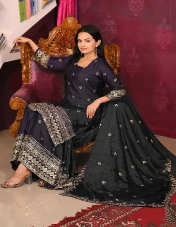 Avantini Women’s Black Rayon Cotton Embroidered Anarkali Kurta Pant With Dupatta