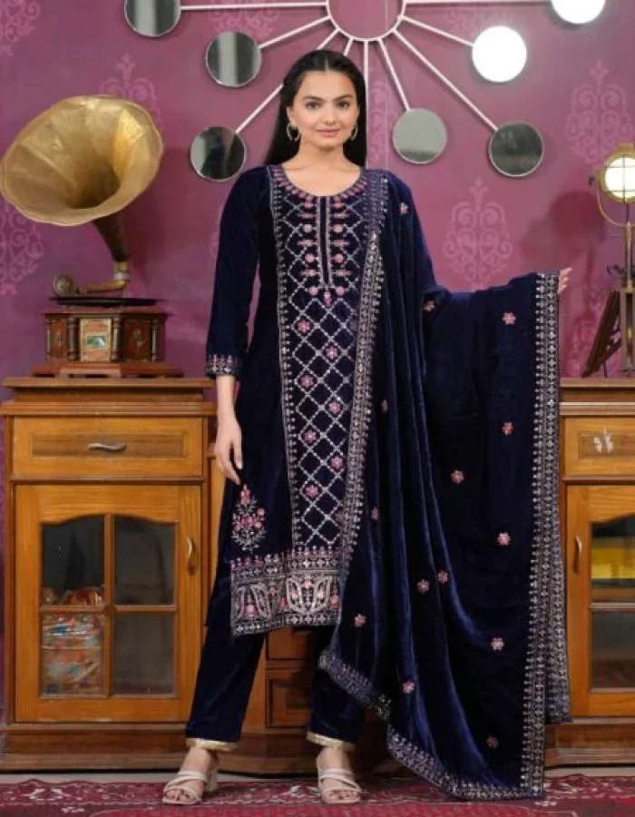 Avantini Women’s Blue Georgette Embroidered Straight Kurta Lehenga With Dupatta