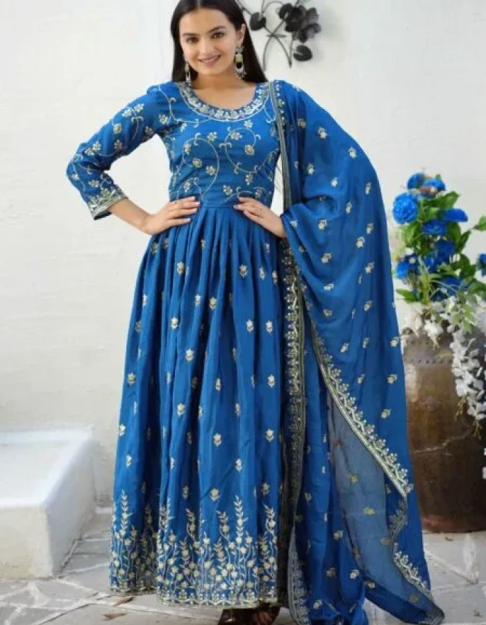 Avantini Women’s Blue Chinon Sequence Straight Kurta Sharara With Dupatta