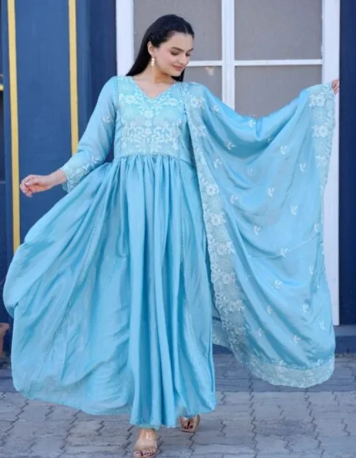 Avantini Women’s Blue Chinon Sequence Anarkali Kurta Pant With Dupatta