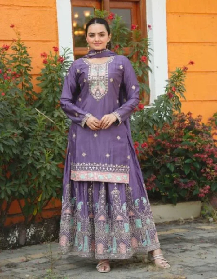 Avantini Women’s Black Chinon Embroidered Straight Kurta Sharara With Dupatta